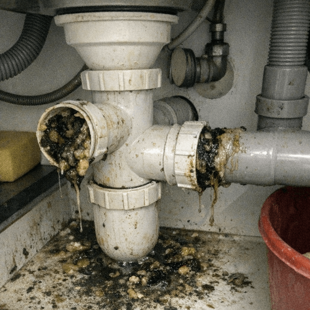 Unter einer Küchenspüle sichtbare Rohrleitung mit demontiertem Siphon
