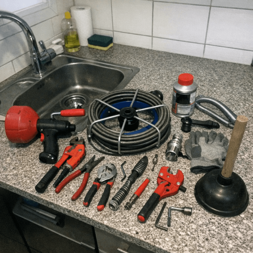 Küchenunterschrank mit geöffnetem Fach und Reinigungswerkzeugen