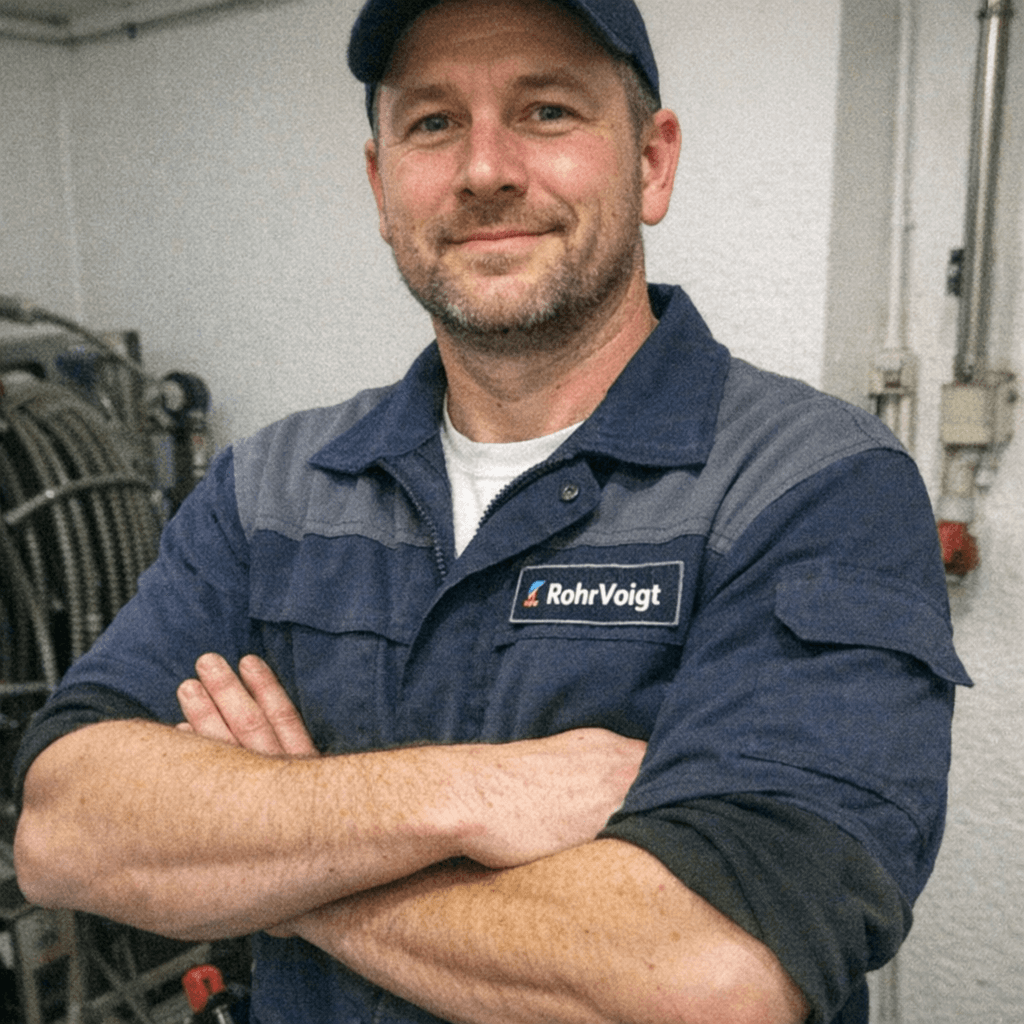 Techniker mit Inspektionskamera beim Öffnen eines Spülenschranks