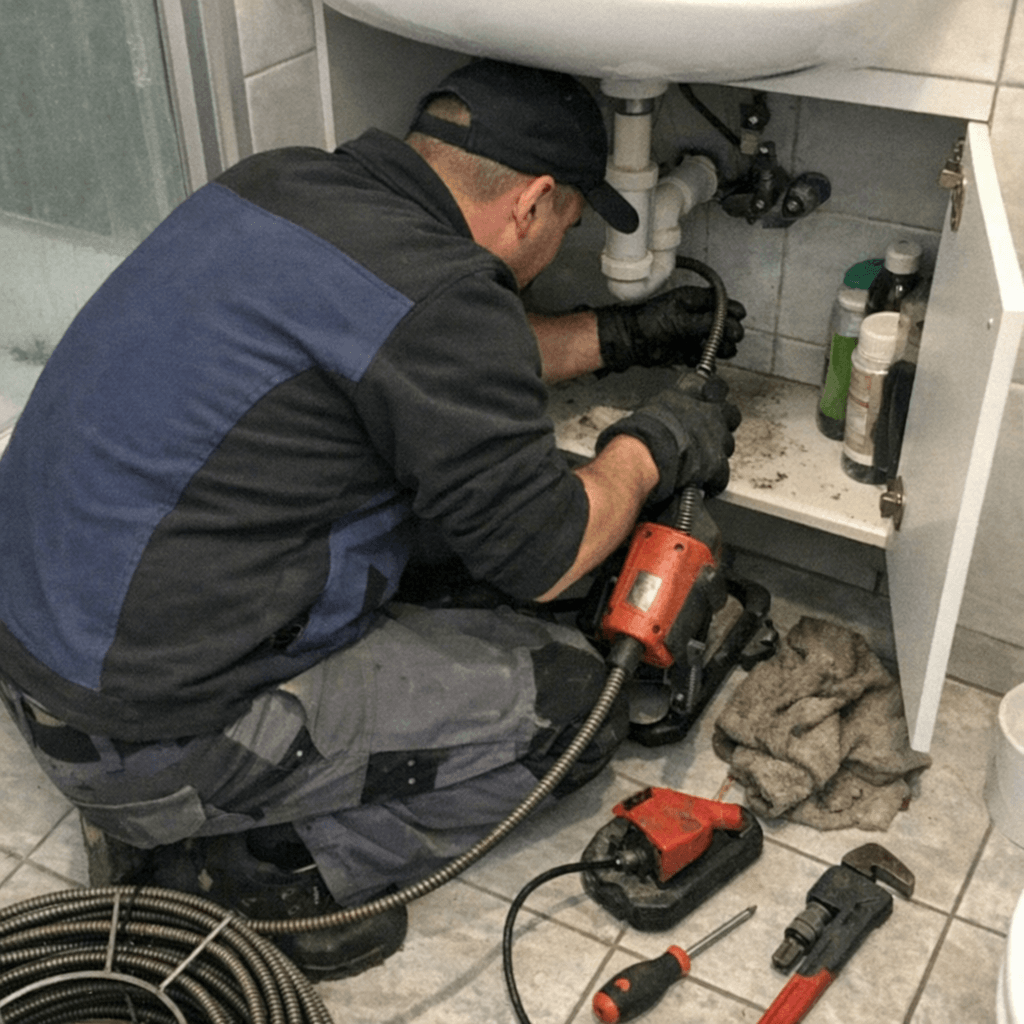 Fachkraft kontrolliert mit einer kleinen Inspektionskamera den Ablauf unter einem Waschbecken