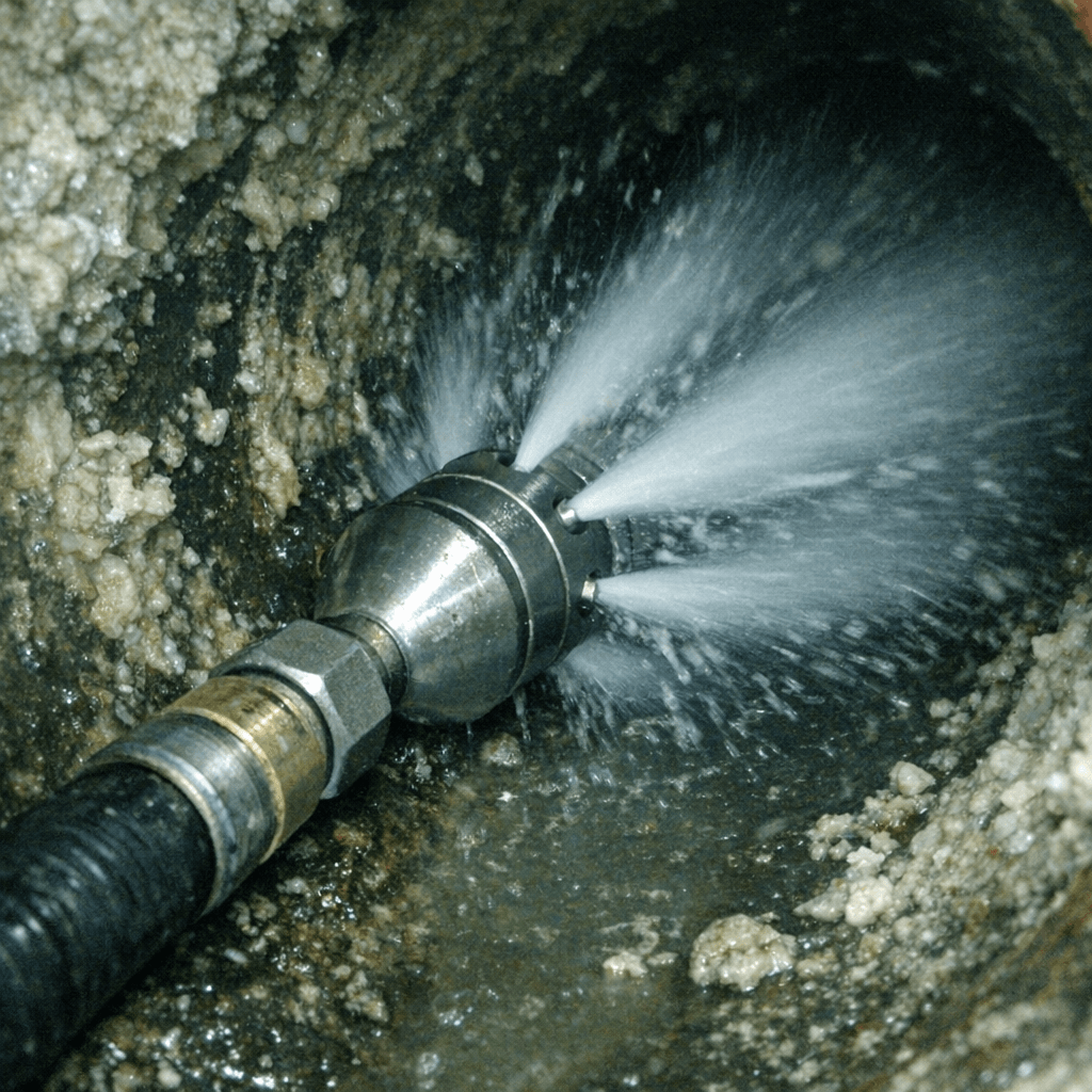 Druckvoller Wasserstrahl aus einer speziellen Düse zur Kanalreinigung