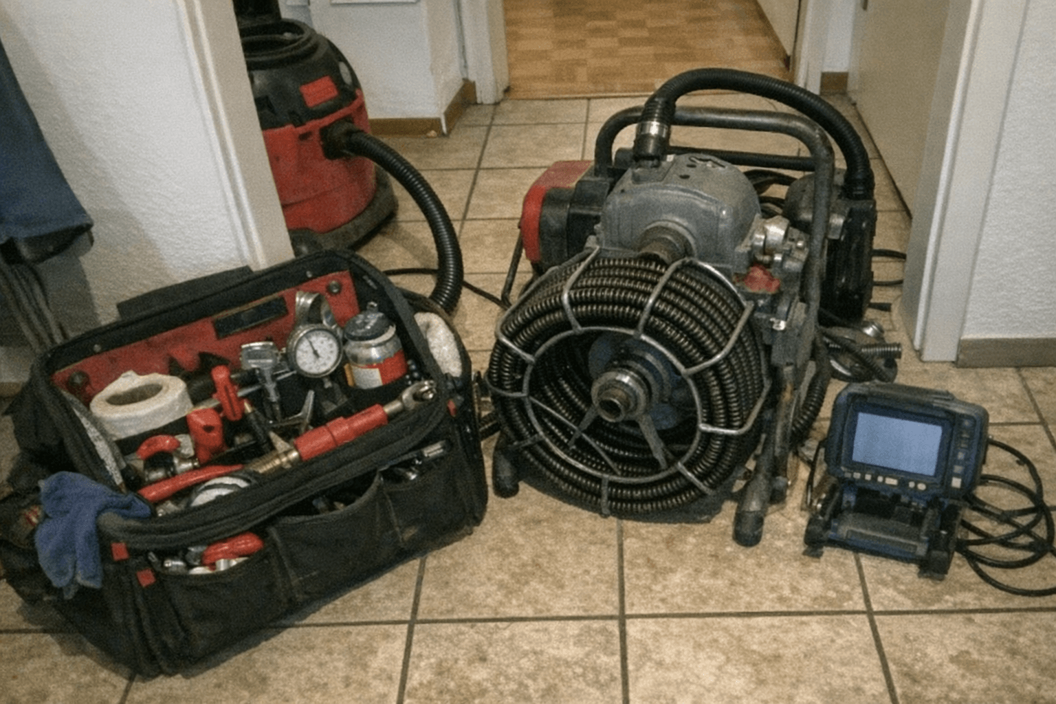 Werkzeugkasten und Ausrüstung auf dem Boden eines Kunden